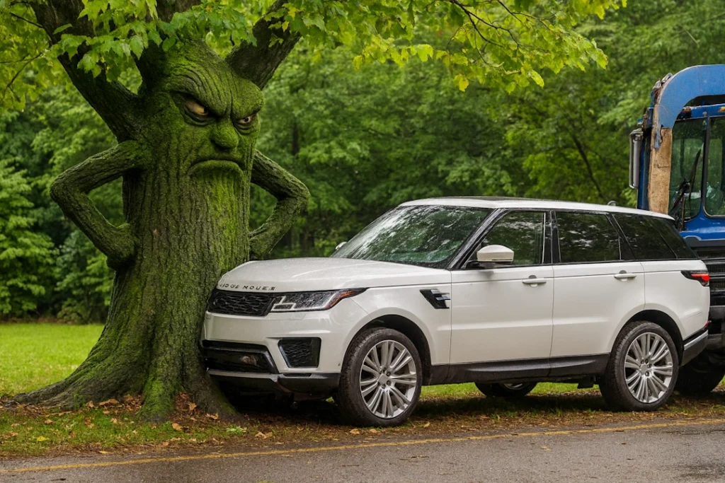 An angry, human-like tree with arms on its hips glares down at a white Range Rover that has crashed into its trunk, while a blue garbage truck lingers in the background.