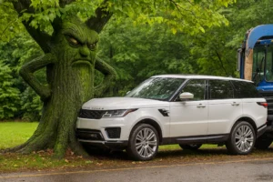 An angry, human-like tree with arms on its hips glares down at a white Range Rover that has crashed into its trunk, while a blue garbage truck lingers in the background.