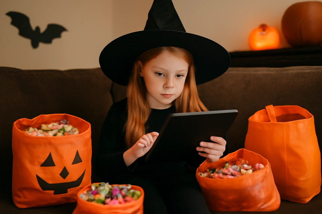 Young girl in witch costume uses a tablet while sitting on a couch, surrounded by overflowing Halloween candy bags.