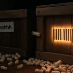 Two wooden shipping crates sit side by side in a dimly lit warehouse aisle, surrounded by packing peanuts, mystery, and quiet paranoia.