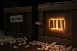 Two wooden shipping crates sit side by side in a dimly lit warehouse aisle, surrounded by packing peanuts, mystery, and quiet paranoia.