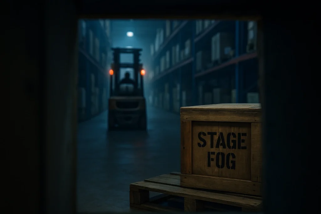 View from inside a wooden shipping crate showing a distant forklift vanishing into shadowy warehouse shelves, with a single crate labeled "Stage Fog" in the distance.