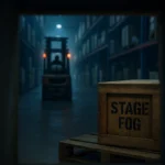 View from inside a wooden shipping crate showing a distant forklift vanishing into shadowy warehouse shelves, with a single crate labeled "Stage Fog" in the distance.