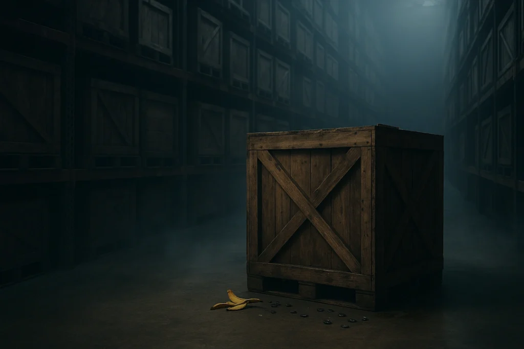 A dark Amazon warehouse filled with rows of wooden crates stacked on tall metal shelves, stage fog drifting across the cold concrete floor around a cracked crate with banana peels scattered nearby.