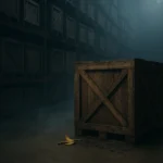 A dark Amazon warehouse filled with rows of wooden crates stacked on tall metal shelves, stage fog drifting across the cold concrete floor around a cracked crate with banana peels scattered nearby.