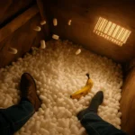 Interior of a wooden shipping crate tilted at 32 degrees, overflowing with packing peanuts. A pair of legs stick out, one foot bare, with the other still wearing a shoe.