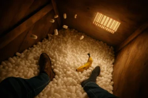 Interior of a wooden shipping crate tilted at 32 degrees, overflowing with packing peanuts. A pair of legs stick out, one foot bare, with the other still wearing a shoe.