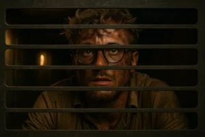 A disheveled man with messy blonde hair, sweat on his brow, and dirt-smudged clothes peering through a metal vent grate from inside a dusty air duct.
