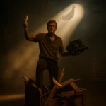 Walter Winkwink stands atop a shattered crate, clutching a broken typewriter and a banana under a glowing banana-shaped spotlight, with a faint barcode on his forehead.
