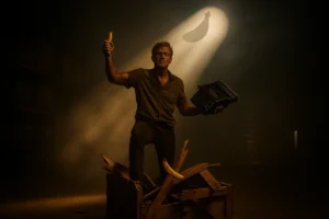 Walter Winkwink stands atop a shattered crate, clutching a broken typewriter and a banana under a glowing banana-shaped spotlight, with a faint barcode on his forehead.