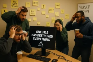 Four panicked office workers with coffee cups stare at a computer screen that reads “ONE FILE HAS DESTROYED EVERYTHING,” surrounded by sticky notes saying things like “HELP,” “FIX IT,” and “DO NOT TOUCH,” representing an exaggerated tech crisis.