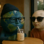 Earth and the Moon, personified with human-like bodies and celestial heads, sit together at a trendy caf&eacute; table. Earth wears thick-rimmed glasses and a beanie while sipping oat milk from a mason jar. The Moon, also personified, wears black sunglasses and a casual sweater, appearing relaxed and cool.