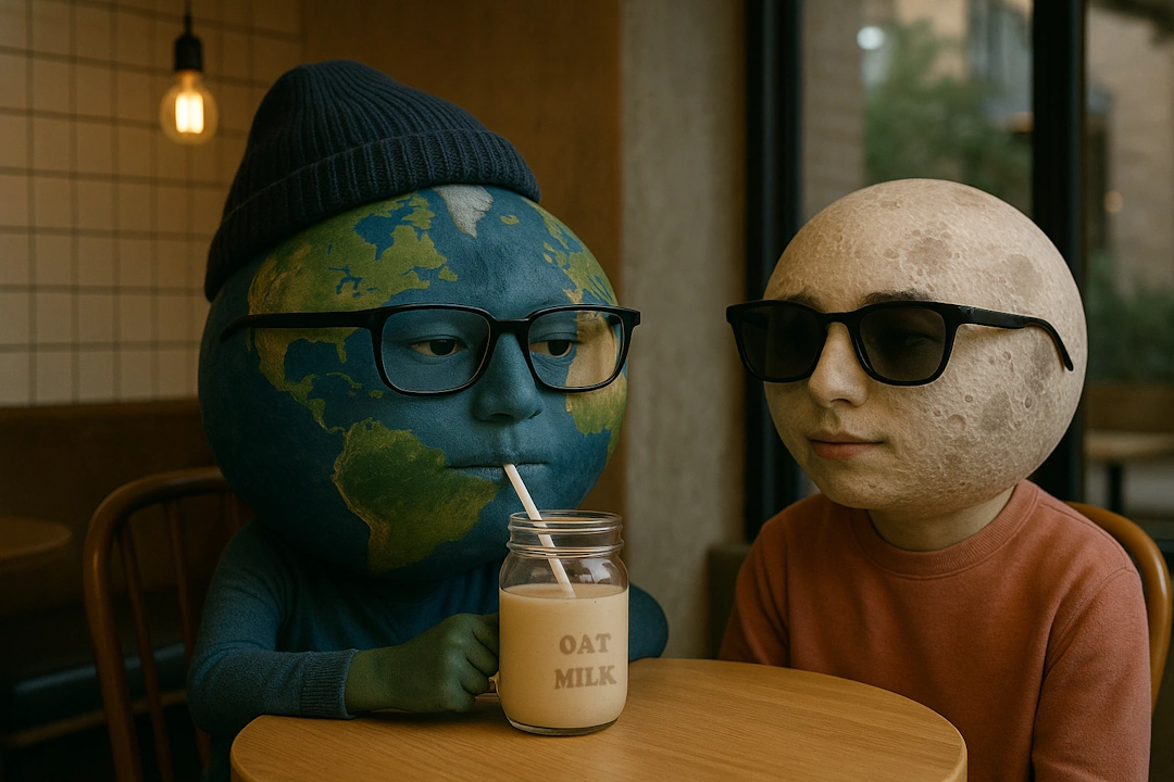 Earth and the Moon, personified with human-like bodies and celestial heads, sit together at a trendy caf&eacute; table. Earth wears thick-rimmed glasses and a beanie while sipping oat milk from a mason jar. The Moon, also personified, wears black sunglasses and a casual sweater, appearing relaxed and cool.