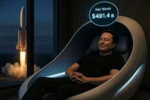 Elon Musk lounges in a futuristic white sleep pod aboard a yacht at dusk, smirking with his eyes closed. A Tesla rocket labeled “Quiet the Noise” launches outside the window, and a glowing digital display above his head shows his net worth as $491.4 billion.
