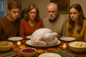 A family of four sits around a Thanksgiving table staring in disappointment at a completely frozen, ice-solid turkey placed on a serving platter like a tragic centerpiece.