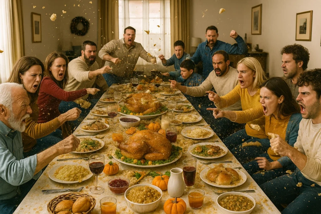 Chaotic Thanksgiving food fight with a long family table covered in splattered food as furious relatives shout and hurl dishes across the room.