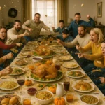 Chaotic Thanksgiving food fight with a long family table covered in splattered food as furious relatives shout and hurl dishes across the room.