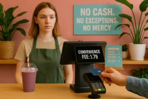 A young cashier at a trendy smoothie shop looks serious behind a point-of-sale system displaying a $1.79 convenience fee, with a sign reading &ldquo;NO CASH. NO EXCEPTIONS. NO MERCY&rdquo; on the wall and a colorful smoothie on the counter.