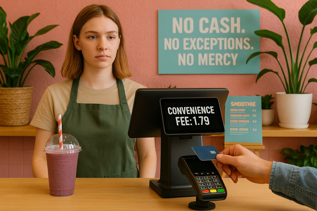 A young cashier at a trendy smoothie shop looks serious behind a point-of-sale system displaying a $1.79 convenience fee, with a sign reading &ldquo;NO CASH. NO EXCEPTIONS. NO MERCY&rdquo; on the wall and a colorful smoothie on the counter.