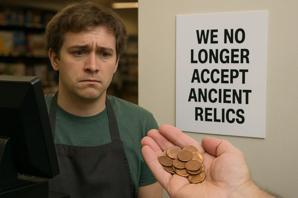 A young male cashier in a green shirt and apron stares blankly at a customer's hand offering a pile of pennies, with a sign in the background reading "We No Longer Accept Ancient Relics."
