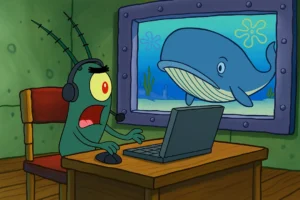 Plankton sits at his underwater home office desk wearing a headset, startled as a massive whale swims past his window.