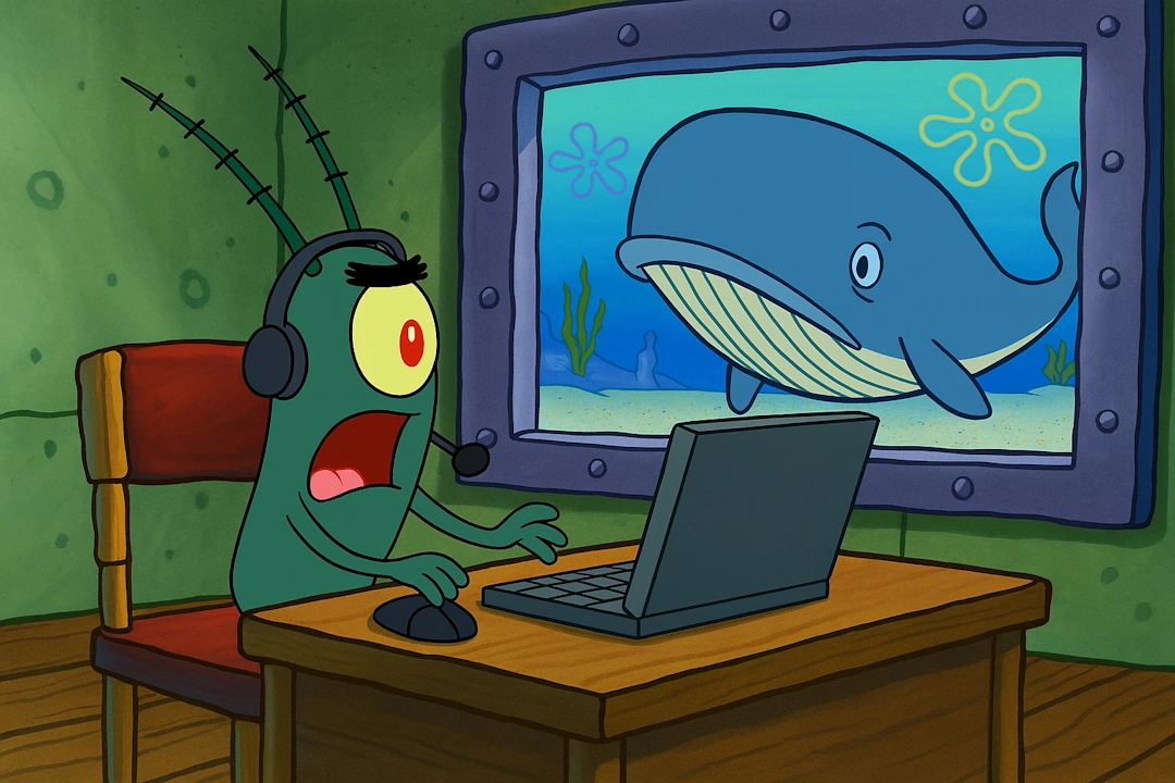 Plankton sits at his underwater home office desk wearing a headset, startled as a massive whale swims past his window.