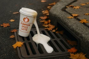A tipped-over Pumpkin Spice Latte cup spills foamy liquid into a storm drain surrounded by scattered autumn leaves on a wet street.