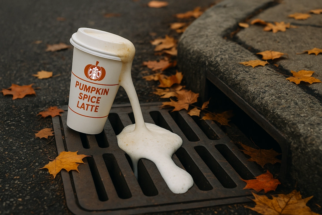 A tipped-over Pumpkin Spice Latte cup spills foamy liquid into a storm drain surrounded by scattered autumn leaves on a wet street.