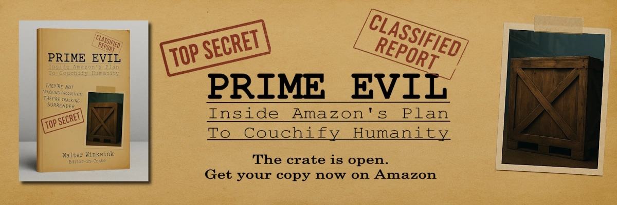 Promotional banner for the satirical book Prime Evil: Inside Amazon&rsquo;s Plan to Couchify Humanity by Walter Winkwink, featuring the book cover, crate imagery, and preorder message.