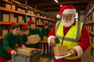Santa Claus wearing an Amazon warehouse vest scans a package while stressed-out elves in green uniforms sort Amazon boxes inside a converted North Pole workshop.