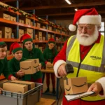 Santa Claus wearing an Amazon warehouse vest scans a package while stressed-out elves in green uniforms sort Amazon boxes inside a converted North Pole workshop.