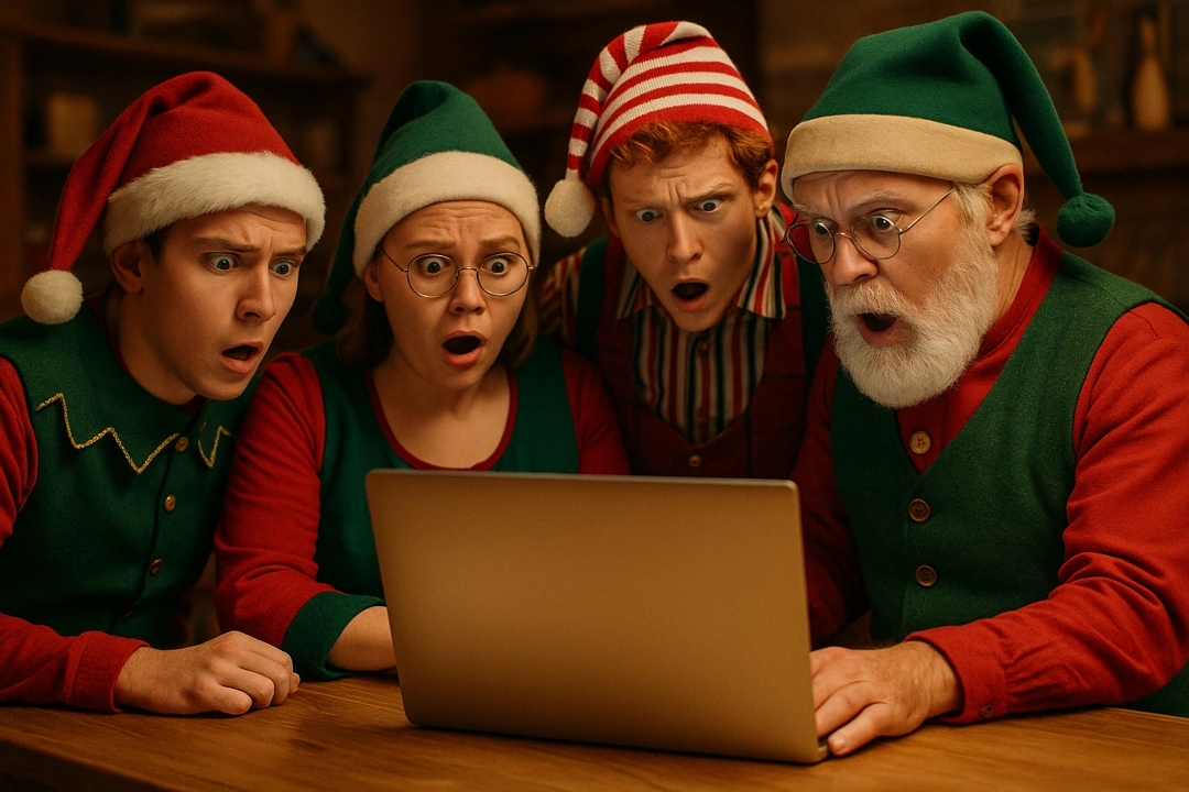 Four shocked Christmas elves in festive outfits stare wide-eyed at a laptop screen in a cozy North Pole workshop.