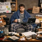 A tired man in pajamas and a bathrobe sits on a couch surrounded by delivery boxes, cameras, coffee mugs, and a cracked laptop, overwhelmed by side hustles.