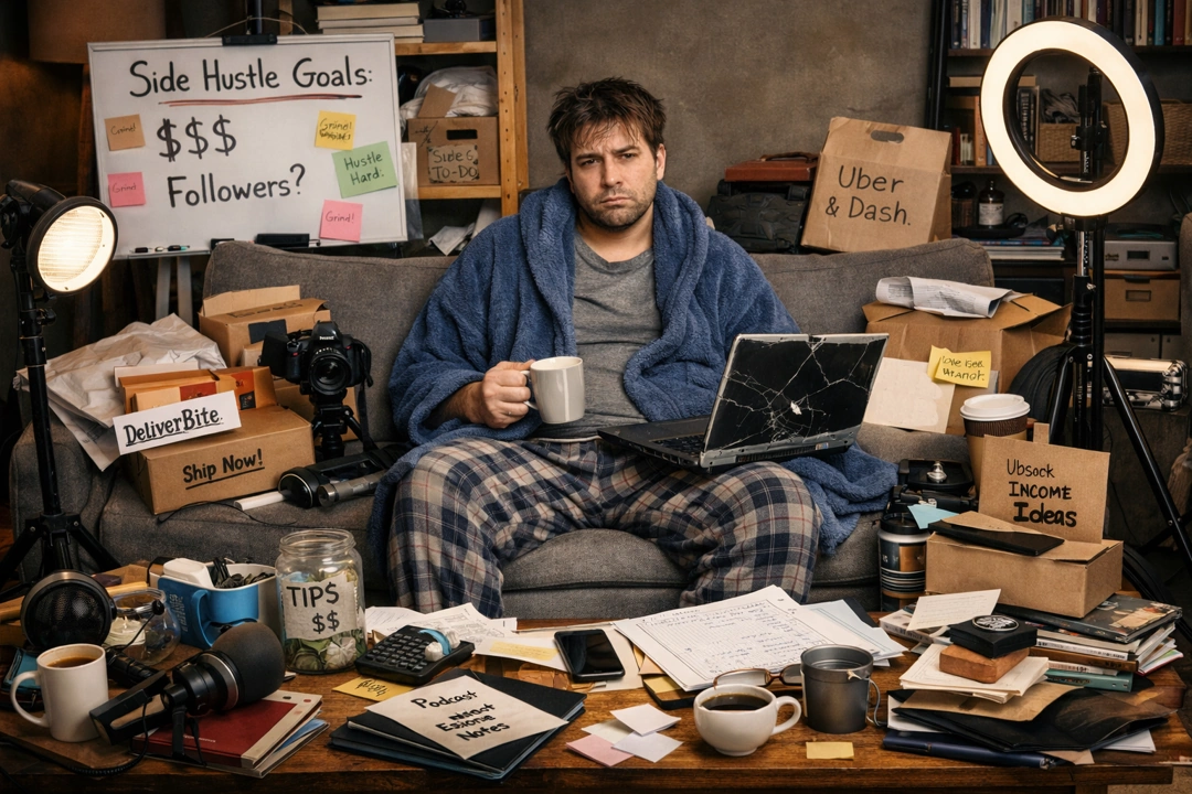 A tired man in pajamas and a bathrobe sits on a couch surrounded by delivery boxes, cameras, coffee mugs, and a cracked laptop, overwhelmed by side hustles.
