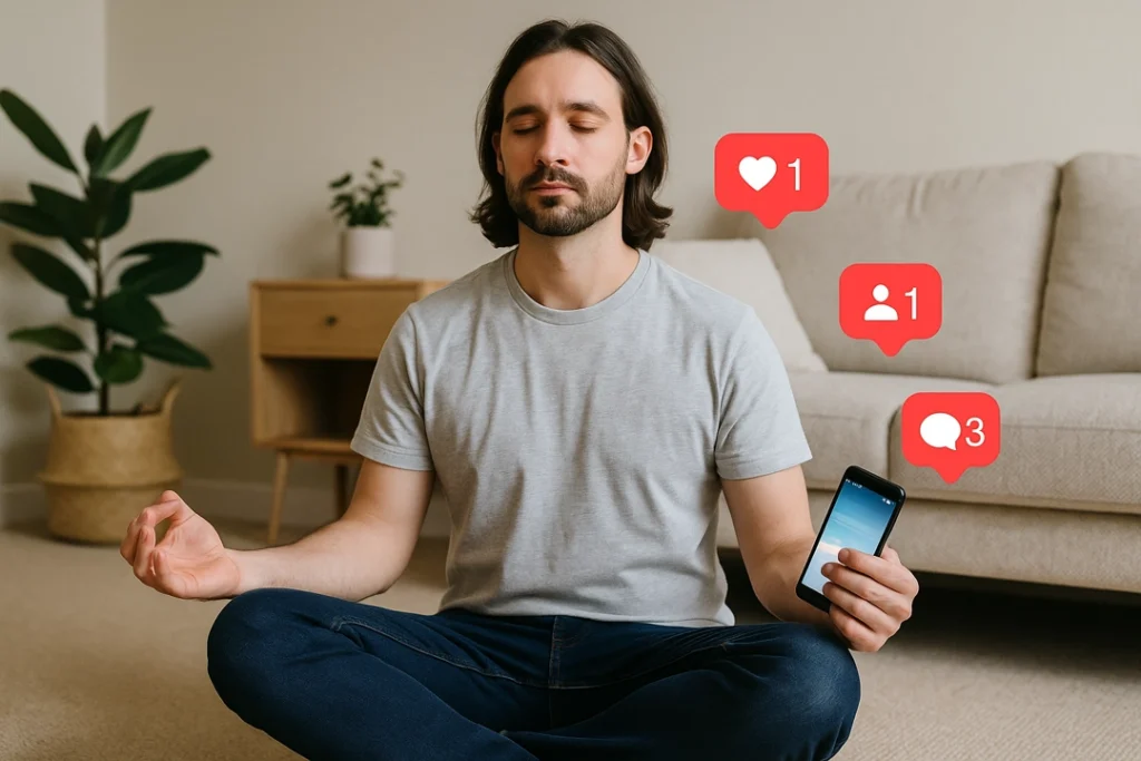Man meditating peacefully on the floor with eyes closed while holding a glowing smartphone with social media notifications.