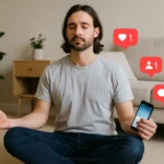 Man meditating peacefully on the floor with eyes closed while holding a glowing smartphone with social media notifications.