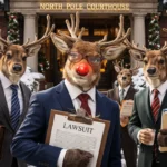Four reindeer in business suits stand outside the North Pole Courthouse, with Rudolph holding a clipboard labeled &ldquo;Lawsuit.&rdquo;