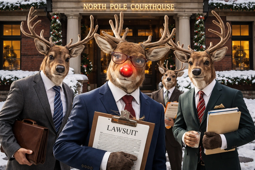 Four reindeer in business suits stand outside the North Pole Courthouse, with Rudolph holding a clipboard labeled “Lawsuit.”