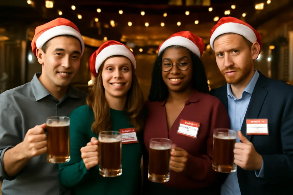 Four coworkers wearing Santa hats and name tags hold beers at a brewery, smiling awkwardly during an office holiday party.