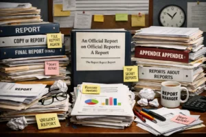 An office desk buried under towering stacks of paperwork and binders labeled with redundant report titles, including &ldquo;An Official Report on Official Reports,&rdquo; &ldquo;Appendix Appendex,&rdquo; and &ldquo;Reports About Reports,&rdquo; surrounded by sticky notes, crumpled paper, pens, glasses, and a coffee mug labeled &ldquo;Report Manager.&rdquo;