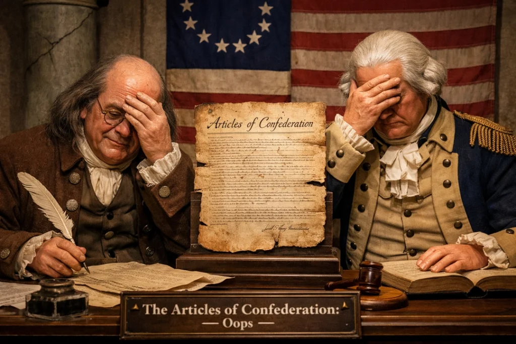 Two Founding Father figures in colonial attire facepalming next to the Articles of Confederation, highlighting their historical regret and poor governmental decisions.