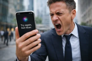 A frustrated man in a business suit angrily yells at his iPhone on a busy city street. The phone screen displays a Siri message that reads, “Try again, but nicer.”
