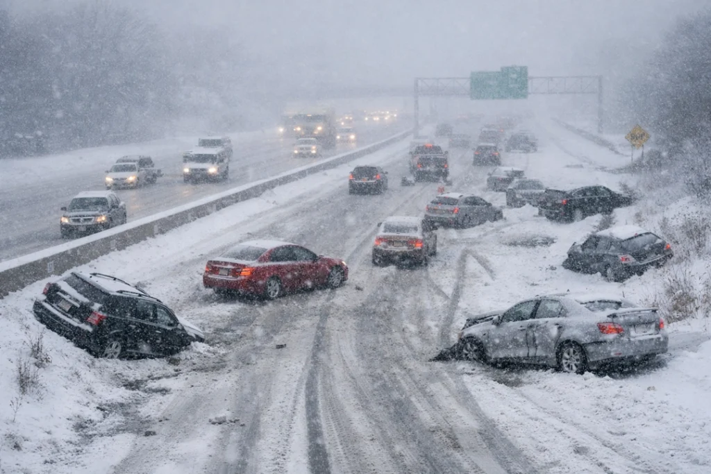 Snow-covered freeway in Metro Detroit with multiple cars spun out, stuck, or crashed along icy lanes, captured during a winter storm with grey skies and blowing snow.