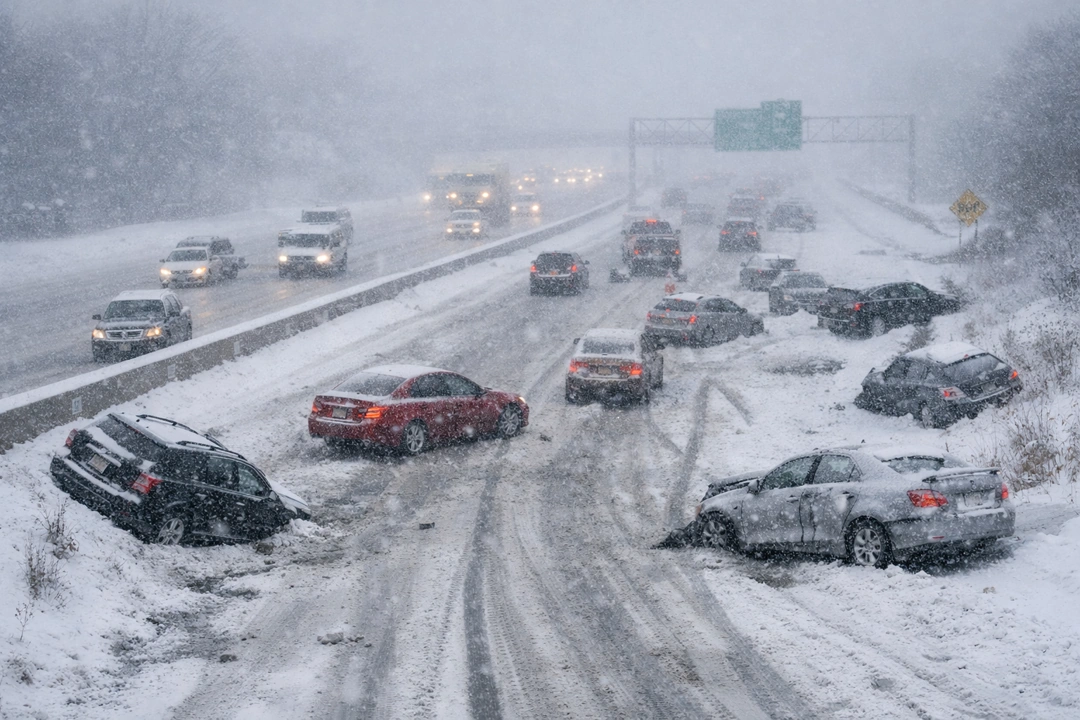 Snow-covered freeway in Metro Detroit with multiple cars spun out, stuck, or crashed along icy lanes, captured during a winter storm with grey skies and blowing snow.