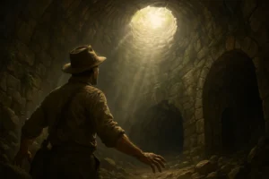 Walter Winkwink stands at the bottom of an ancient stone pit, looking up toward a distant opening where sunlight pours in.