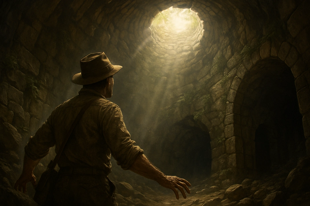 Walter Winkwink stands at the bottom of an ancient stone pit, looking up toward a distant opening where sunlight pours in.