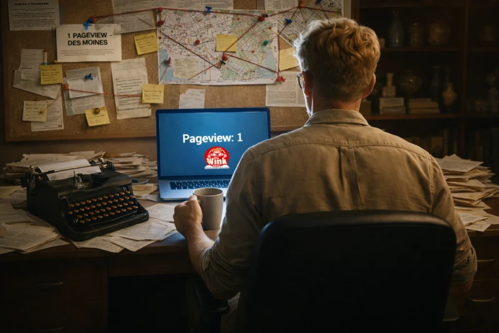 A man with blonde hair sits at a cluttered desk, seen from behind, holding a coffee mug while staring at a glowing laptop screen that reads “Pageview: 1.” The wall in front of him is covered in red yarn, pins, and notes forming a chaotic corkboard conspiracy map.