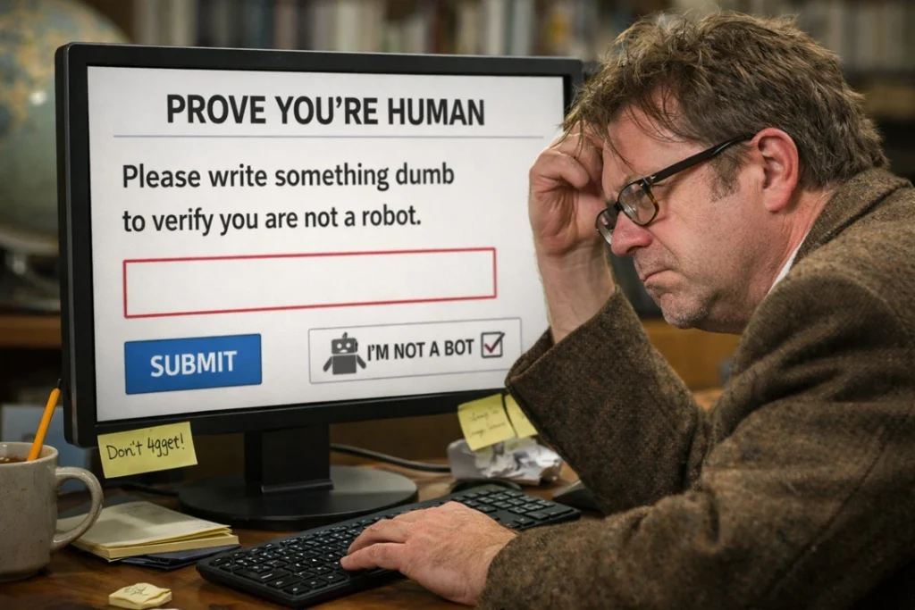 A frustrated man sits at his computer staring at a CAPTCHA that says, “Please write something dumb to verify you are not a robot.”