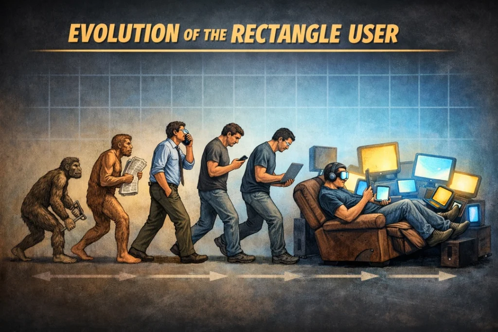 A satirical evolution chart shows humans progressing from early ancestors to a modern person reclined in a chair, surrounded by glowing screens and wearing a VR headset, illustrating excessive screen dependence.