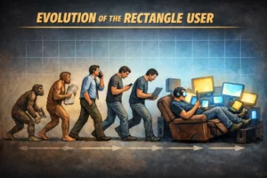 A satirical evolution chart shows humans progressing from early ancestors to a modern person reclined in a chair, surrounded by glowing screens and wearing a VR headset, illustrating excessive screen dependence.